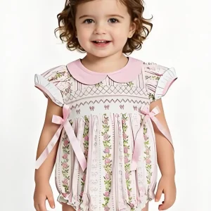 Baby Girls  Romper Short Sleeves Pink Bow Floral Print