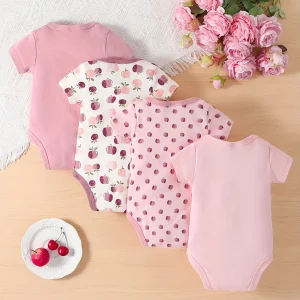 4pcs Set Of Baby Girl Short Sleeved Triangle Jumpsuit
