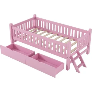 Twin Size Platform Bed with Guardrail and 2 Drawers