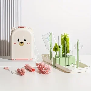 12pcs/pack Cute Bear Portable Silicone Bottle Brush Set