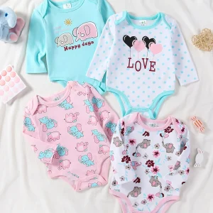 4-pc Baby Girl Long Sleeve  Round Neck Rompers